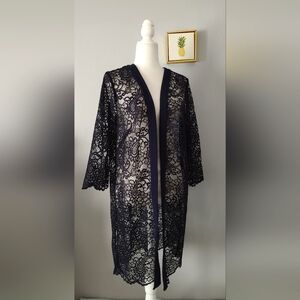 Le Boss Cardigan Women Lace  Navy Blue Long Sleeve Open Front Style Casual Sz 14